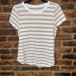 SO White Green Orange Striped Short Sleeve Favorite Tee Women's Size Small